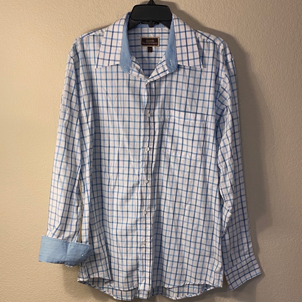 Men's Blue and White Plaid Button-Down Shirt